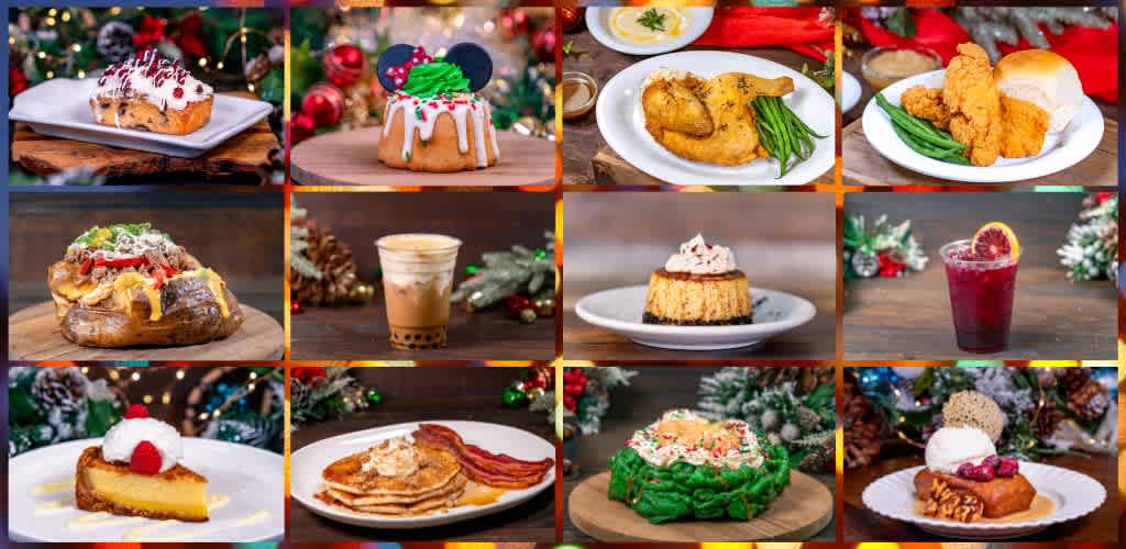 A collage of holiday desserts and treats including cakes, pies, cookies, fried chicken, potatoes, drinks, and festive decorations.