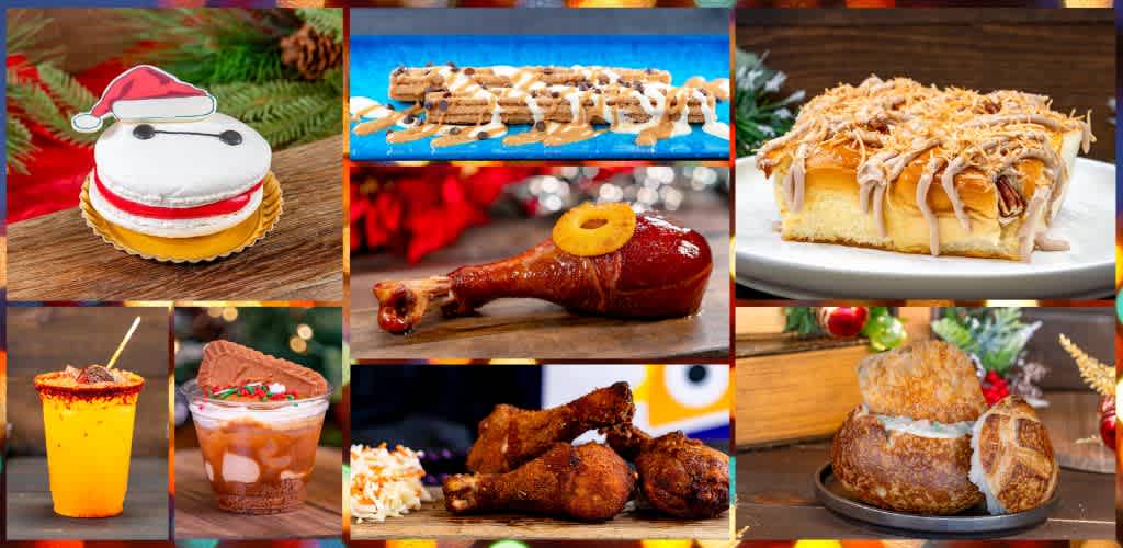 A collage of holiday treats including a snowman cupcake, caramel waffle, turkey leg, pie, cocktail, cake, fried chicken, and baked dessert with festive decorations.