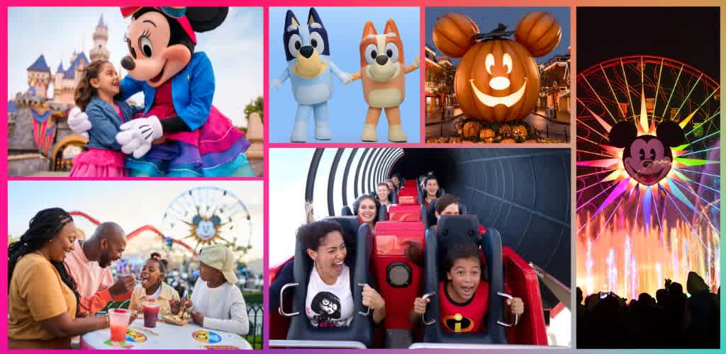 Happy children enjoying Disneyland rides, characters, and attractions at night with colorful lights and park scenery.