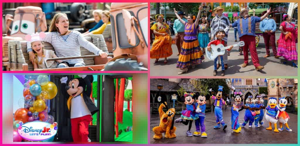 Children and families enjoy themed rides, live performances, character meet-and-greets, and colorful decorations at a Disney amusement park.