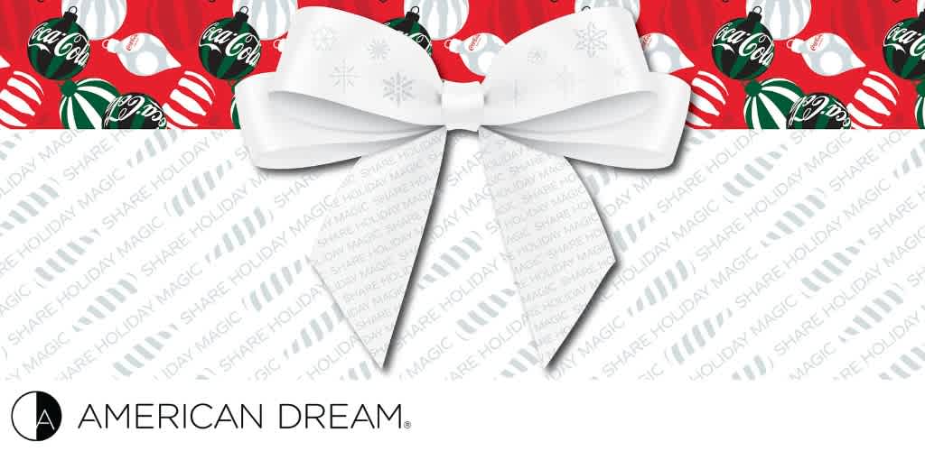 Festive holiday-themed design with ornaments, a large white bow, and the text 