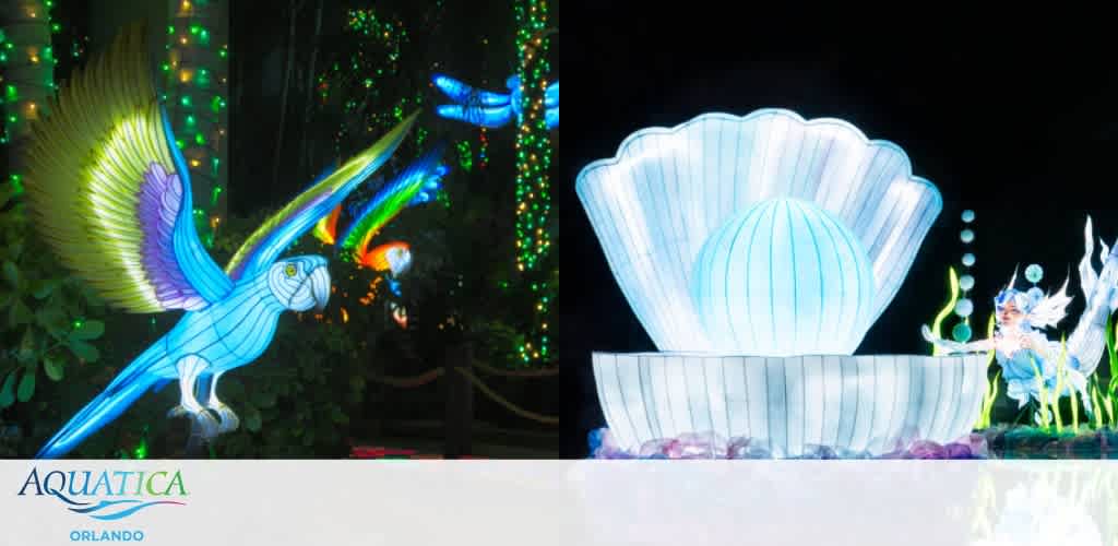 Illuminated birds and a glowing clam shell with a pearl and mystical figure.