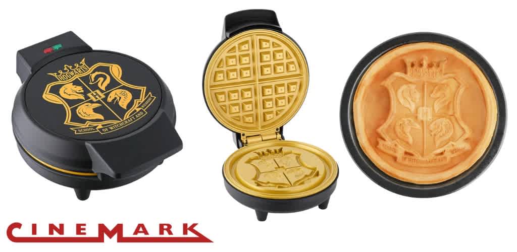 Black waffle maker with Hogwarts design and matching waffle.