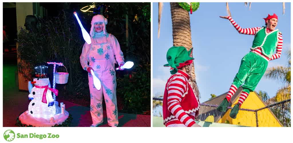 Two festive scenes: a performer juggling illuminated clubs and two people in elf costumes, one mid-jump.