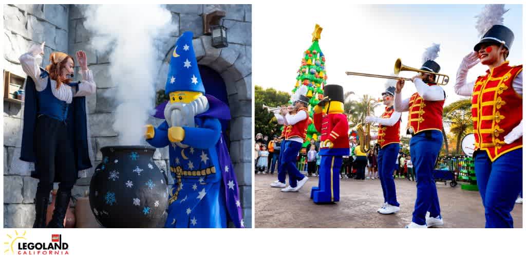 Scenes from LEGOLAND California with a medieval setting and a festive marching band parade.