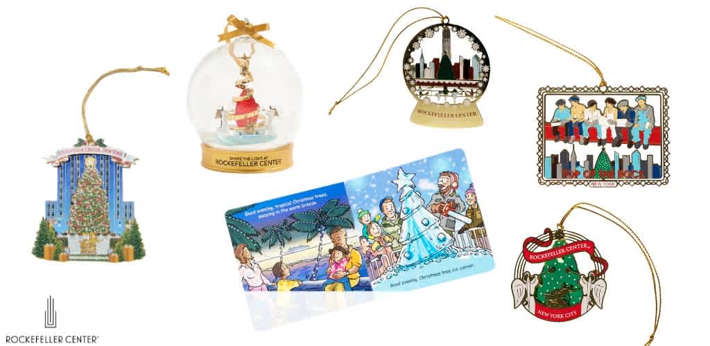 A collection of Rockefeller Center-themed Christmas ornaments and an illustrated card.