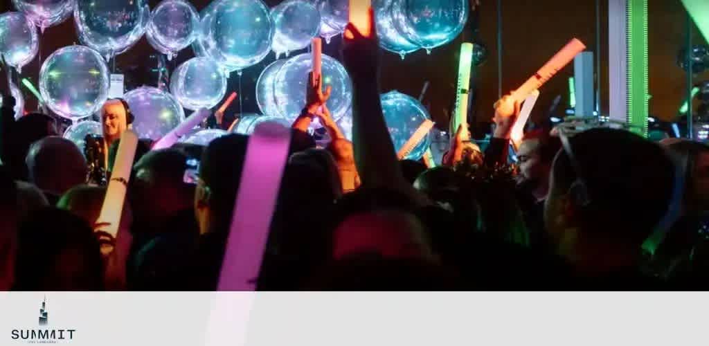 A crowd at a party waving colorful light sticks with large transparent balloons in the background.