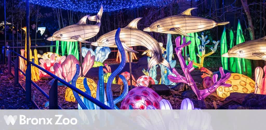 Illuminated dolphin and coral lantern display at a zoo.