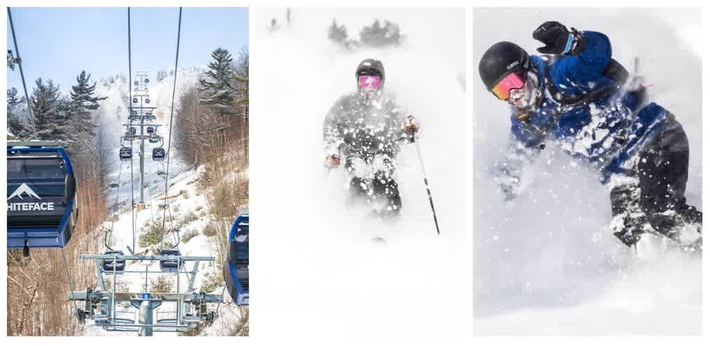 Three images: a ski lift on snow-covered trees, a person skiing through fresh snow, and a skier in blue gear making a sharp turn in powder snow.