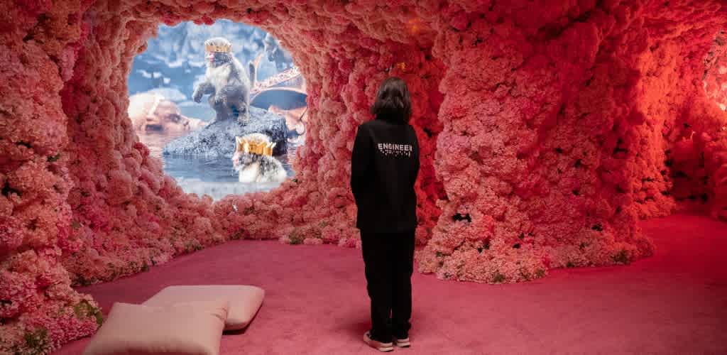 Person observing colorful whale exhibits inside a pink floral-themed tunnel at funex.com