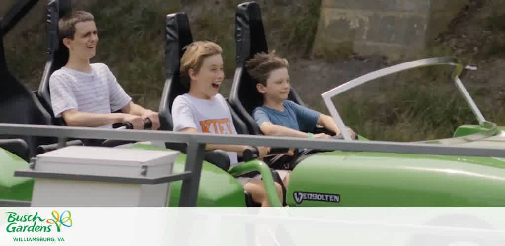 Three people enjoying a roller coaster at Busch Gardens.