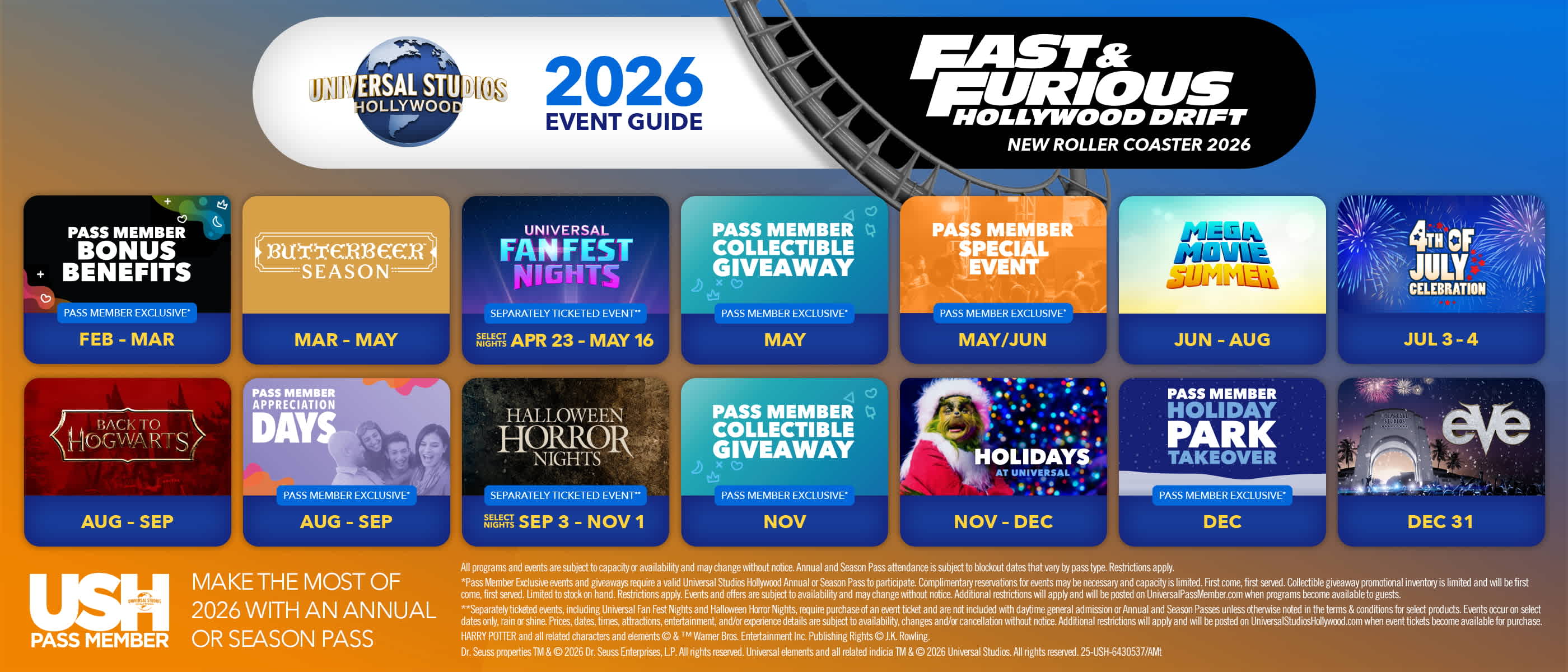Universal Studios Hollywood 2026 event guide with various passes and event dates displayed on a colorful background.