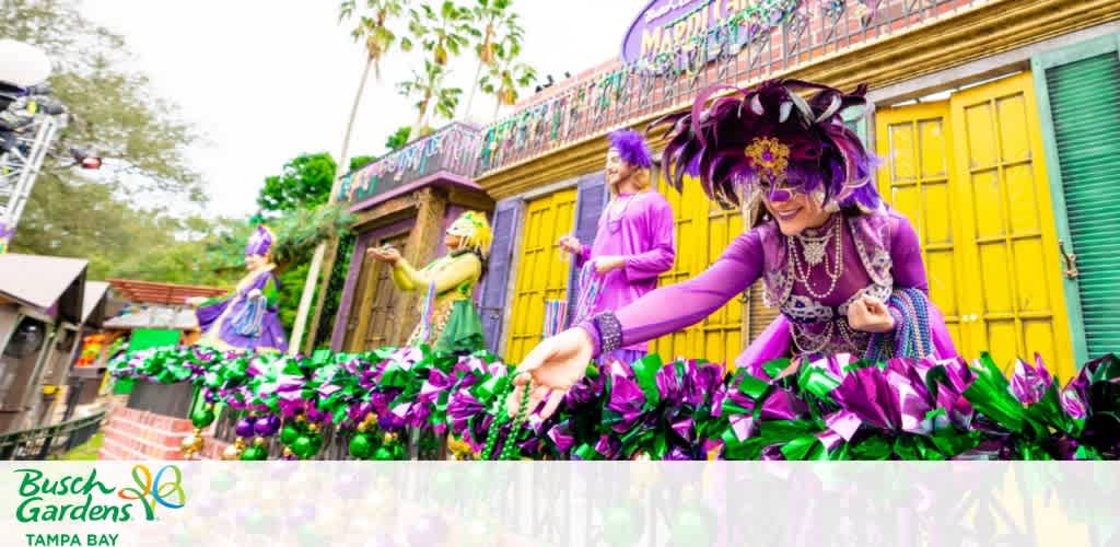 Mardi Gras performers on a decorated float at Busch Gardens Tampa Bay.