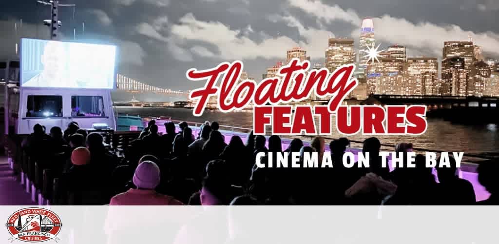 Outdoor cinema on a boat with a city skyline in the background and the text 
