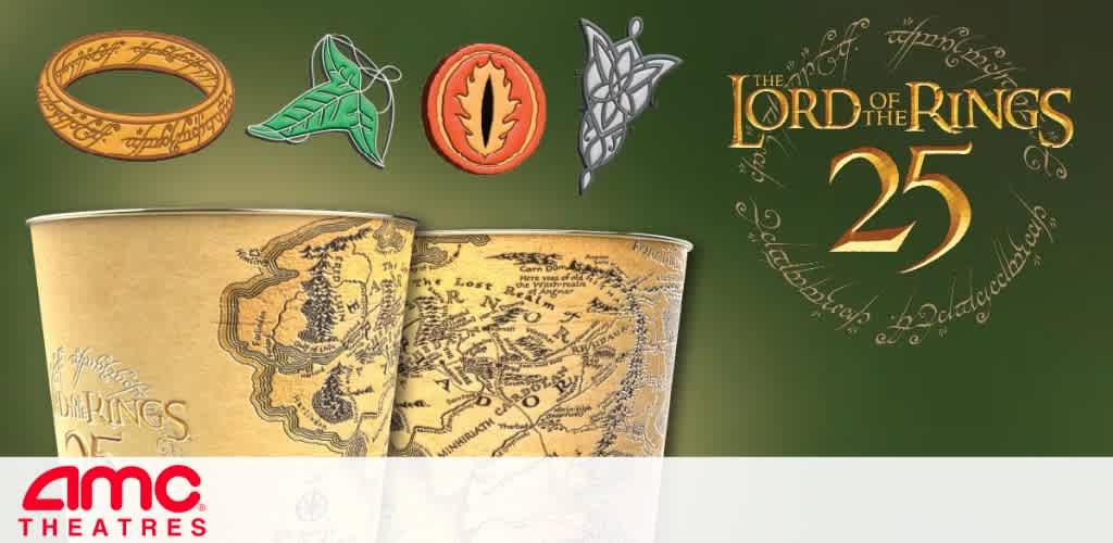 Promotional image showcasing Lord of the Rings symbols, gold cups with Middle Earth map, and AMC Theatres logo.