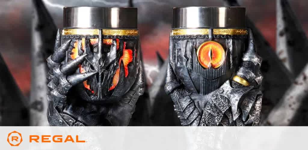 Two intricately designed metallic cups with fantasy motifs and claw-like hands, featuring a Regal logo.