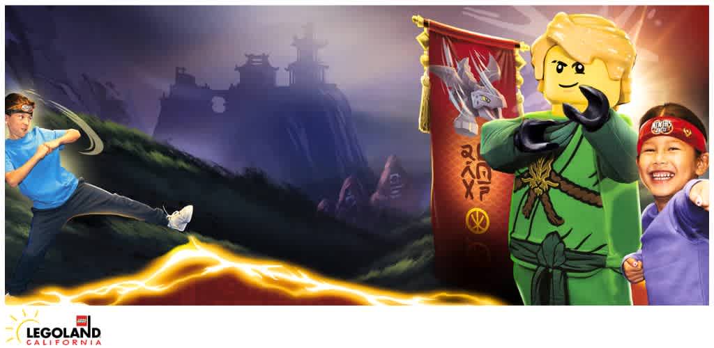 Boy in martial arts pose, Lego ninja, and smiling girl with Legoland California logo.