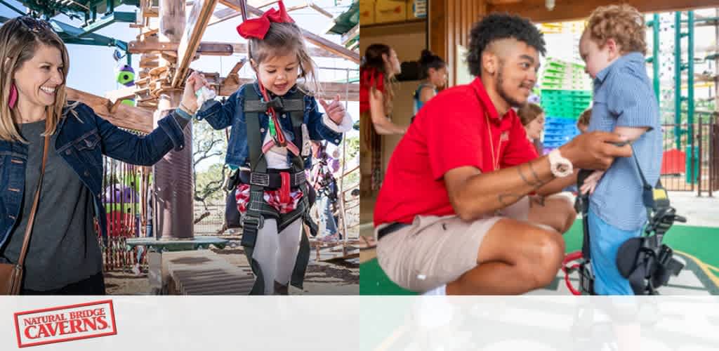 Adults and children engaging in indoor and outdoor activities at a fun and educational outdoor adventure park and indoor play area.