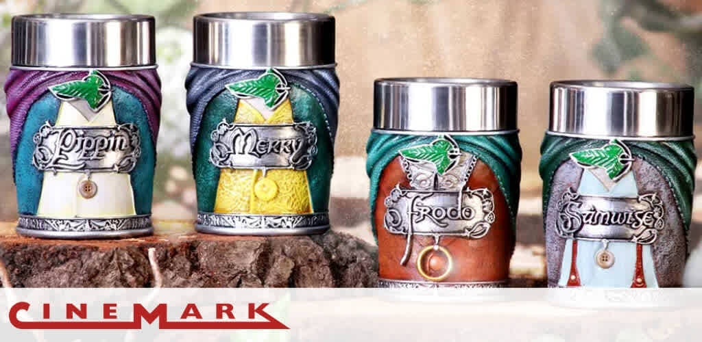 Four collectible containers themed after 'The Lord of the Rings' characters: Pippin, Merry, Frodo, and Samwise, with intricate designs and a Cinemark logo.