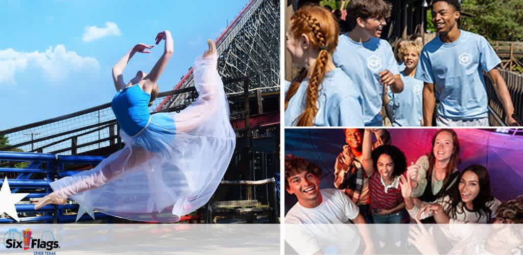 A collage of a dancer leaping in front of a roller coaster and groups of smiling youths in different settings.
