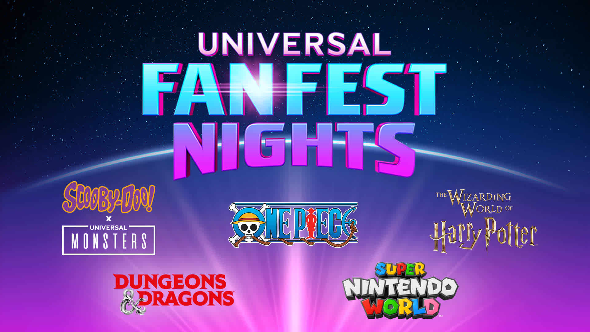 Colorful logo for Universal FanFest Nights at Universal Studios Hollywood with starry night background and neon-style text.
