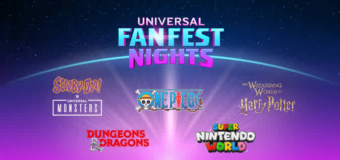 Colorful logo for Universal FanFest Nights at Universal Studios Hollywood with starry night background and neon-style text.
