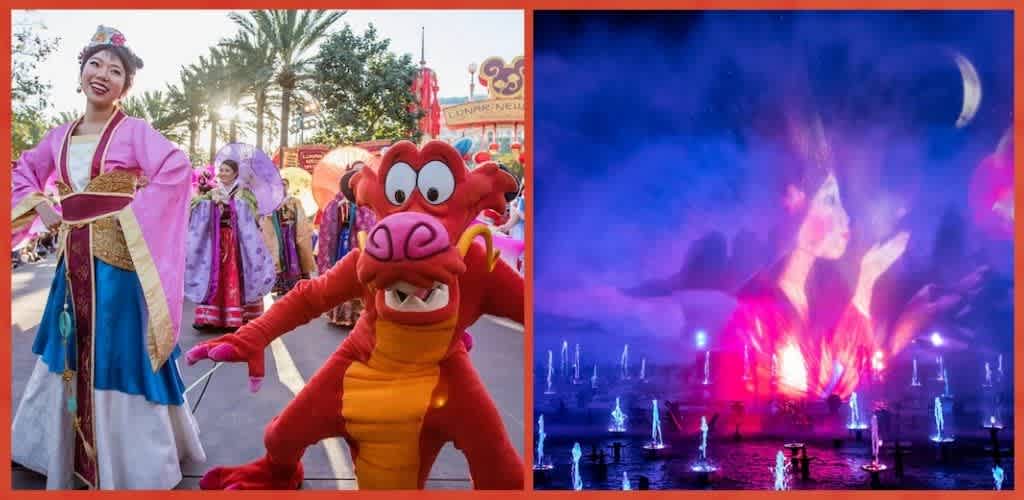 Colorful parade scene with performers in traditional costumes and a cheerful dragon mascot next to a vibrant nighttime water and light show.