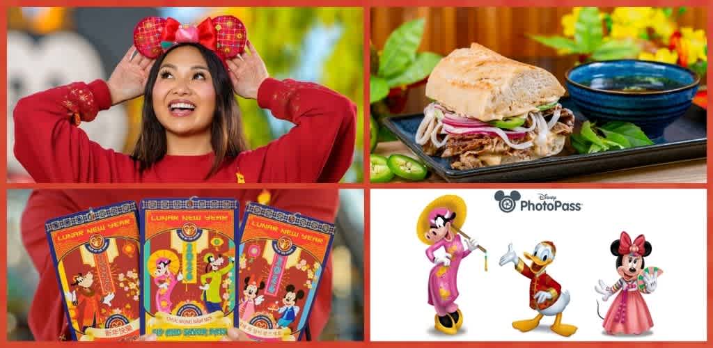 A woman in red celebrates Lunar New Year wearing Minnie Mouse ears, holding colorful decorations, with a sandwich and themed Disney characters on the website.