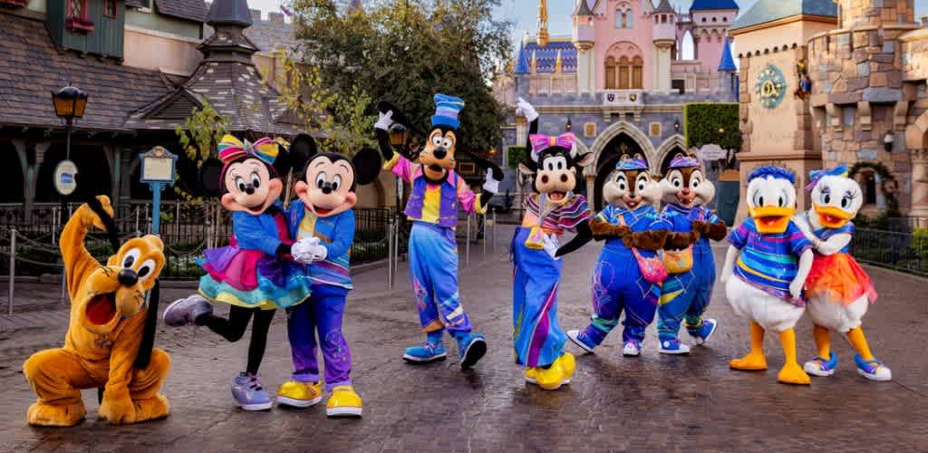 Disney characters Mickey Minnie Goofy Donald Daisy and Pluto pose together on Main Street at a Disney theme park with colorful castle in the background
