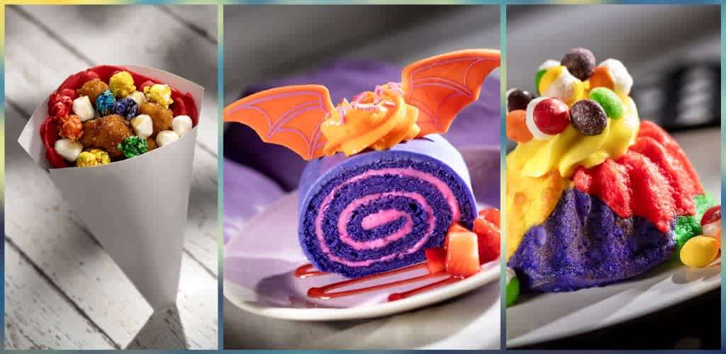 Three colorful desserts including a cone of popcorn with candies, a purple swirled cake with orange wings, and a rainbow shaved ice topped with candies.