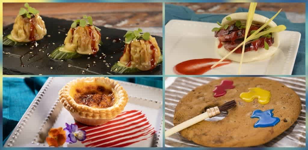 An assortment of colorful appetizers and desserts including dumplings, an open-faced sandwich, a mini tart, and a cookie decorated with colorful game pieces and a small paintbrush.