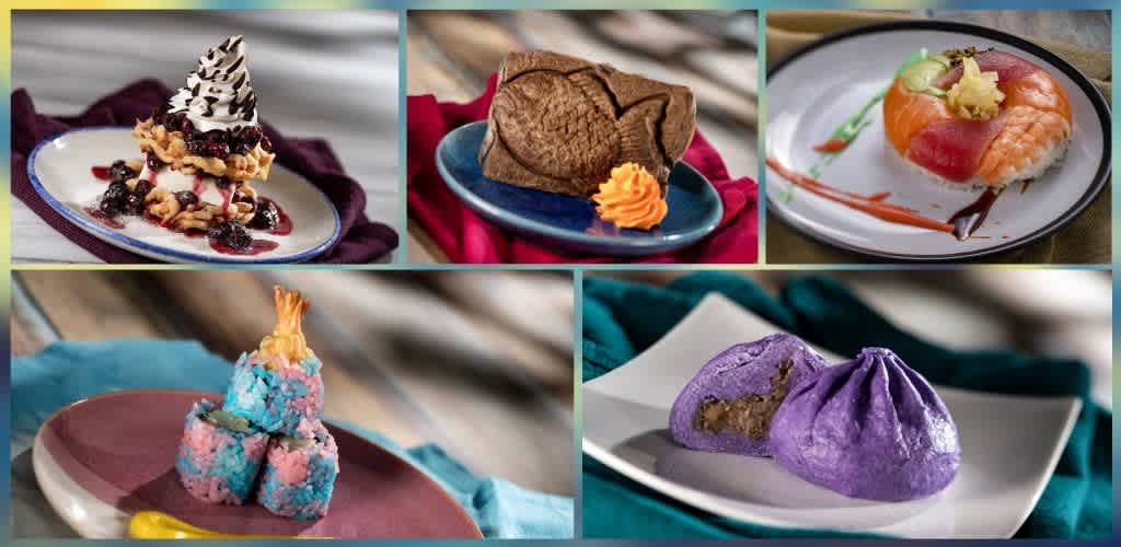 Plate of assorted colorful steamed buns, including a purple one with a bite revealing filling, on a white dish with a teal cloth background.