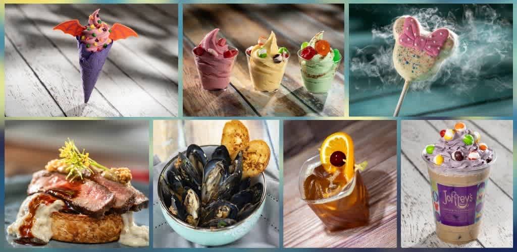 Assorted desserts including ice cream cones, sundaes, and a savory dish with bread and meat