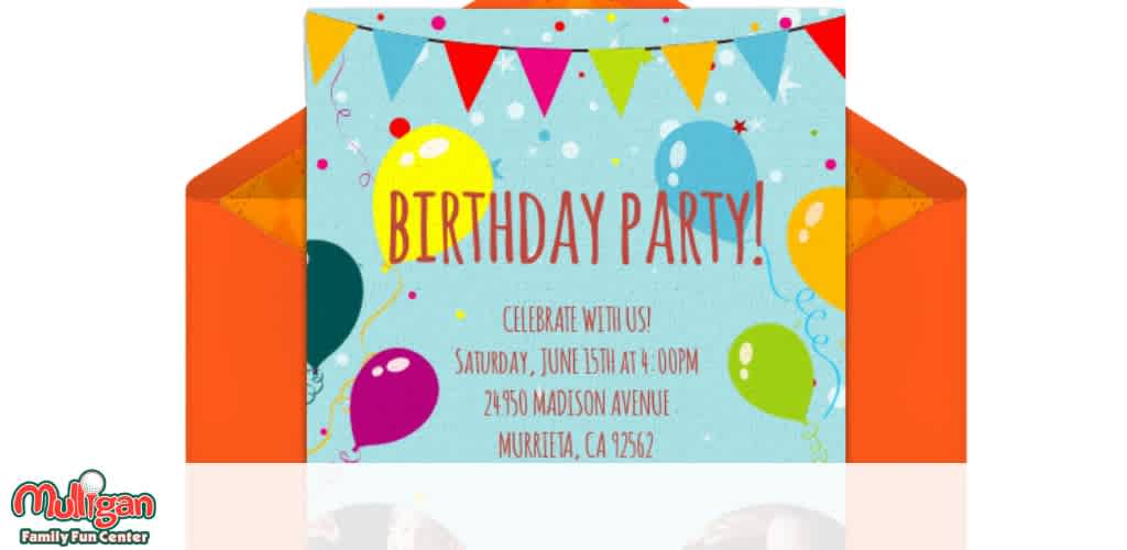 Colorful birthday party invitation with balloons, pennant flags, and event details.