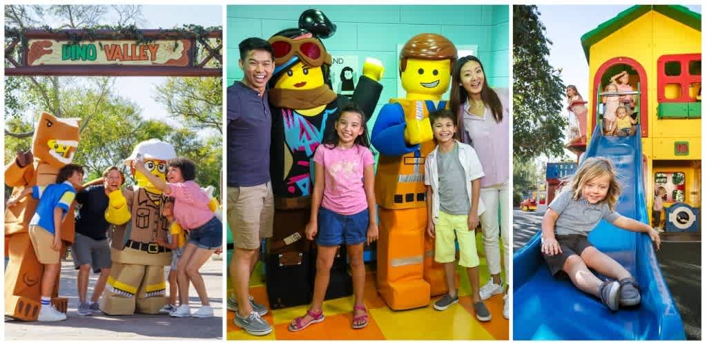 Families enjoying outdoor fun with Lego characters and a colorful playground at Dino Valley with bright colors and engaging activities