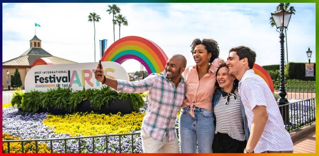 Group of diverse friends taking a selfie at a colorful arts festival with a rainbow and vibrant flower garden background