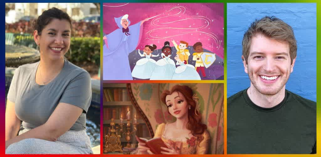 Two smiling individuals, one woman and one man, are featured with animated princess scenes and Disney fairies in the background, showcasing joy and magic.