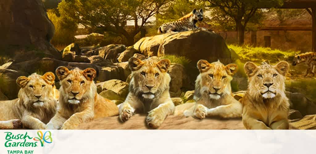 Five lions sitting on a rock with a hyena and a natural background.