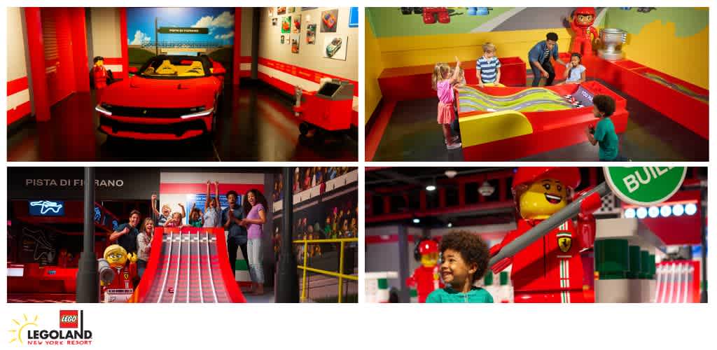 Collage of interactive LEGO-themed exhibits, including a model sports car, a LEGO race track, and children playing with LEGO figures at Legoland.