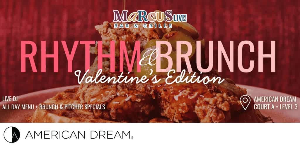 Advertisement for Valentine's Edition of Rhythm & Brunch at Marcus Live Bar & Grille with a close-up of fried chicken on a waffle.