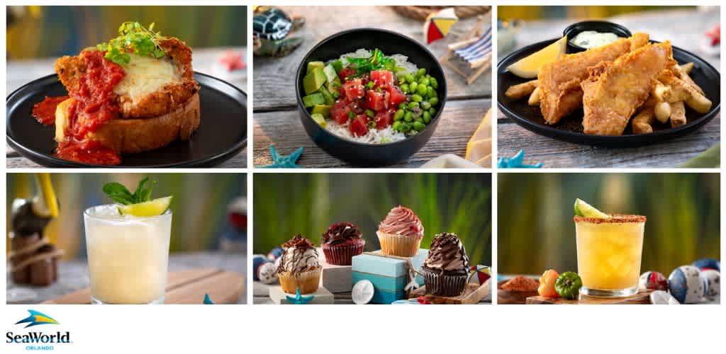 A collage of six food and drink photos, including a meatloaf sandwich, a vegetable rice bowl, fish and chips, a lemon cocktail, assorted cupcakes, and an orange cocktail, with the SeaWorld Orlando logo.