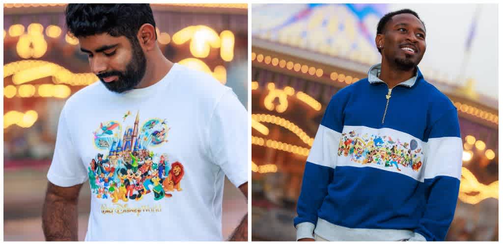 Two men standing in front of a carnival ride, wearing colorful Disney themed apparel with bright amusement park lights in the background
