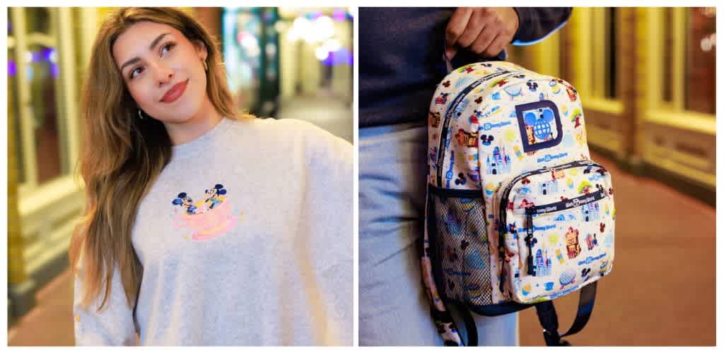 A young woman with long hair wearing a light gray sweater featuring Mickey Mouse and friends, standing outdoors at night.