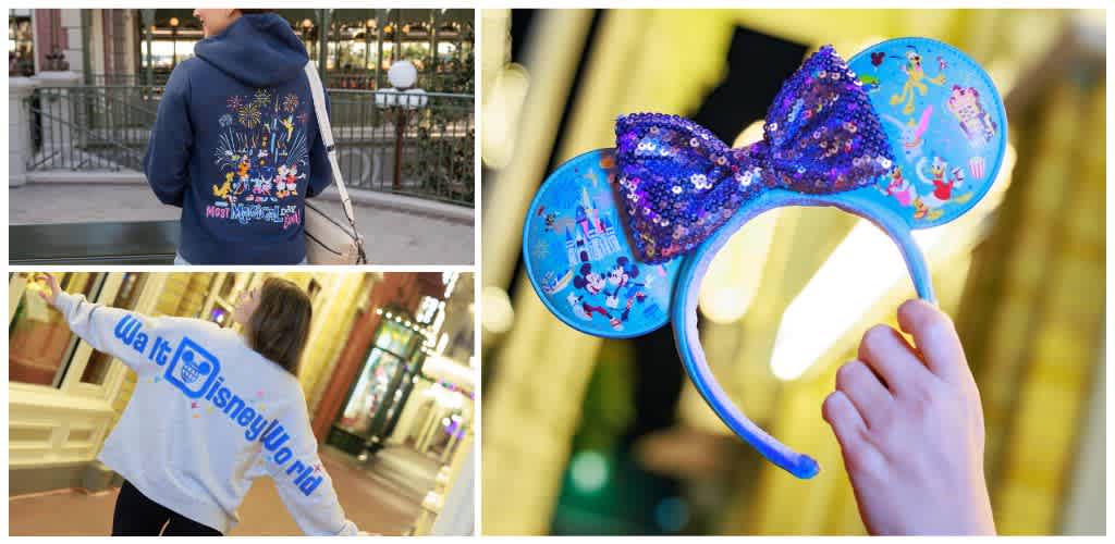 Three children wearing Disney-themed clothing and holding a blue Disney headband with ears and a sparkling bow.