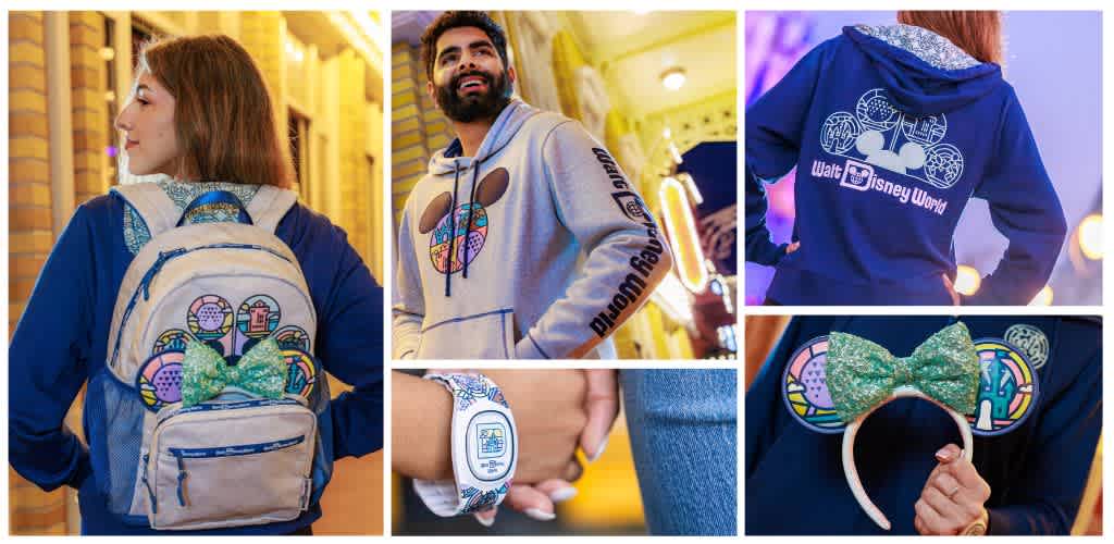 Group of people wearing Disney themed clothing and accessories at a fun location, showcasing backpacks, hoodies, and headbands with colorful Disney graphics.