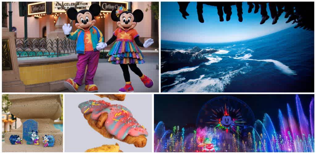 Four Disney characters in colorful costumes, ocean waves, a painted stone sculpture, a decorated pastry, and a vibrant nighttime water fountain display