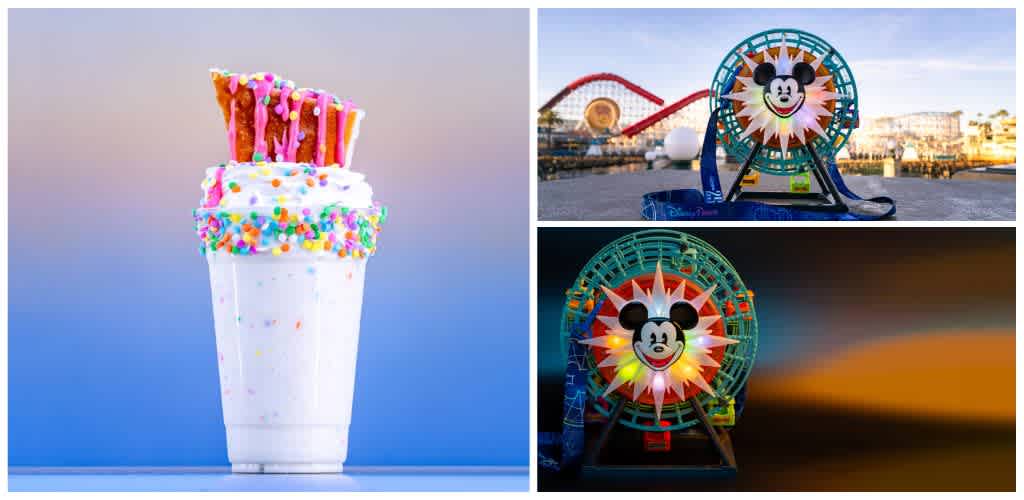 A milkshake with colorful sprinkles and a pink donut on top accompanied by photos of a Mickey Mouse Ferris wheel at sunset and illuminated at night.