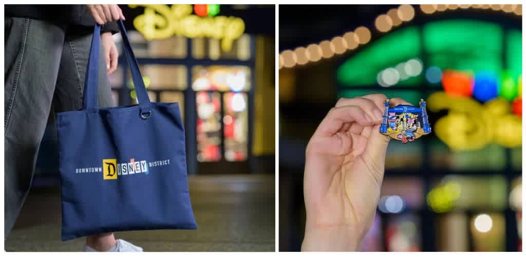 Person holding a Disney themed bag and a colorful Disney pin in front of a brightly lit amusement park background.