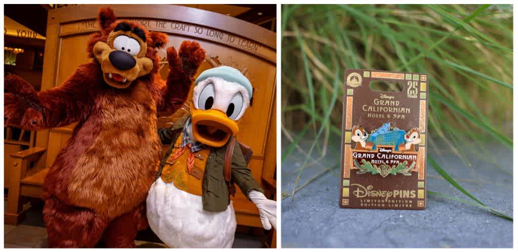 Costumed characters of a bear and a duck posing together, with a Disney pin featuring the Grand California Hotel and Spa on grass.