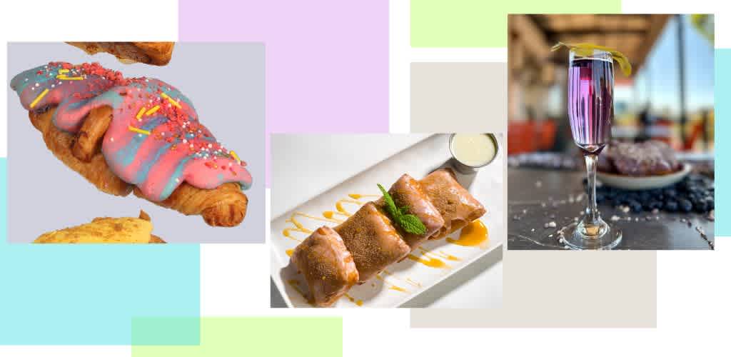 A collage of colorful foods and drinks including a decorated croissant, a spring roll appetizer with sauce, and a glass of pink beverage on a dark table.